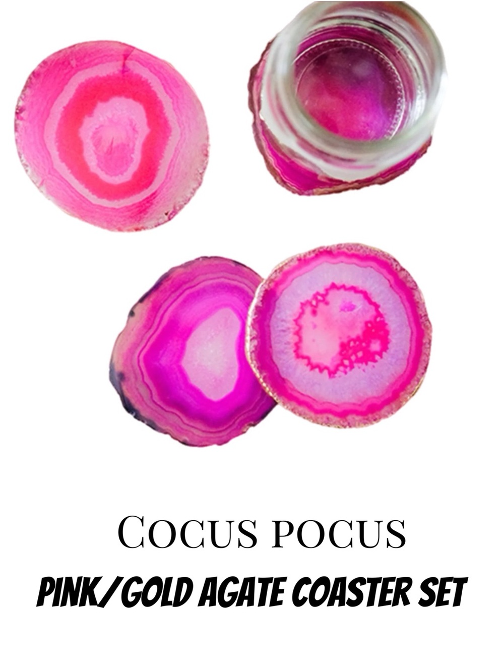 SOLD OUT COLOR Brand New in Box Cocus Pocus Pink Agate Coaster Set with Gold Tri